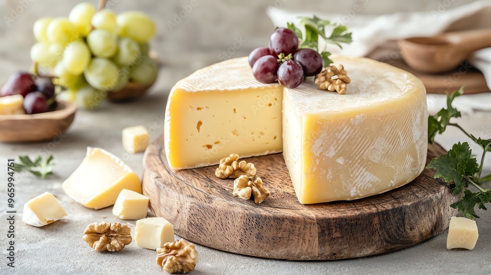 Dutch cheese wheel with grapes and nuts, gourmet presentation, cheese craftsmanship Dutch cheese wheel with grapes and nuts, gourmet presentation, cheese craftsmanship
