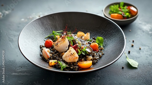 Croatian black risotto with cuttlefish ink, unique flavors, Adriatic seafood dish