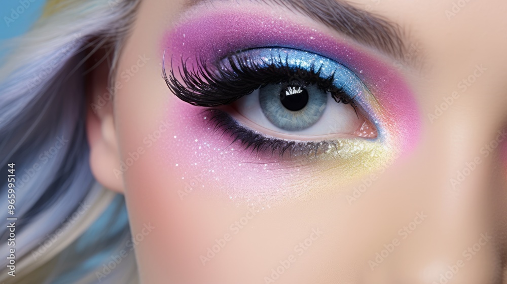 Colorful rainbow make up on woman eye studio shot. Neural network ai generated art Colorful rainbow make up on woman eye studio shot. Neural network ai generated art