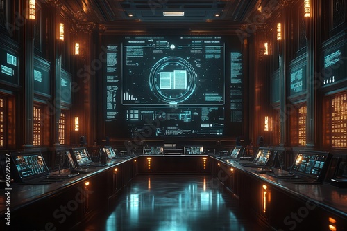 futuristic courtroom with holographic displays and ai judges glowing document holograms float amidst sleek hightech architecture symbolizing advanced legal compliance