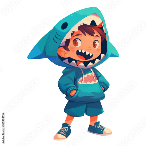 Happy cute boy in blue shark costume photo