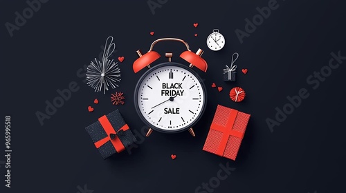 Festive alarm clock announces Black Friday sale surrounded by gifts and decorations, perfect for marketing promotions. photo