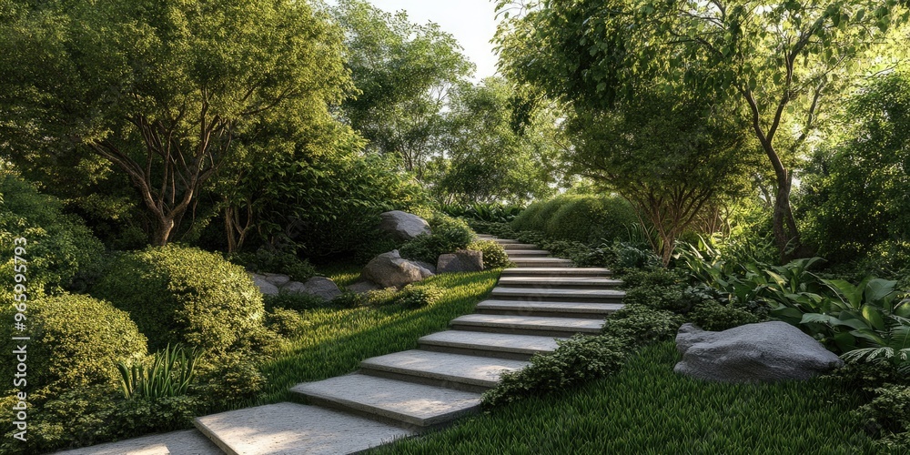 Fototapeta premium Stone Steps Winding Through Lush Green Foliage