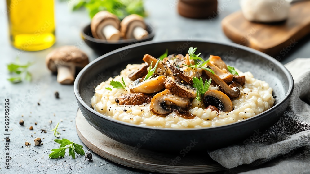 Italian risotto with wild mushrooms and truffle oil, elegant plating, gourmet dish