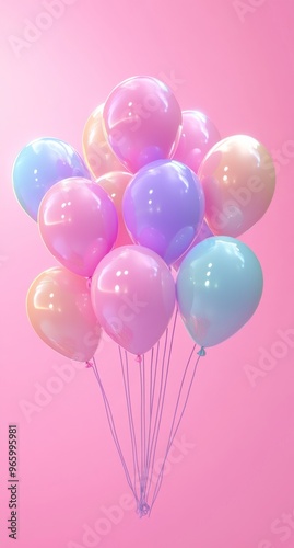 Colorful balloons floating against a vibrant pink background in a festive cel...