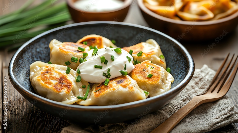 Polish pierogi with sour cream and chives, vibrant presentation, Eastern European dumplings Polish pierogi with sour cream and chives, vibrant presentation, Eastern European dumplings