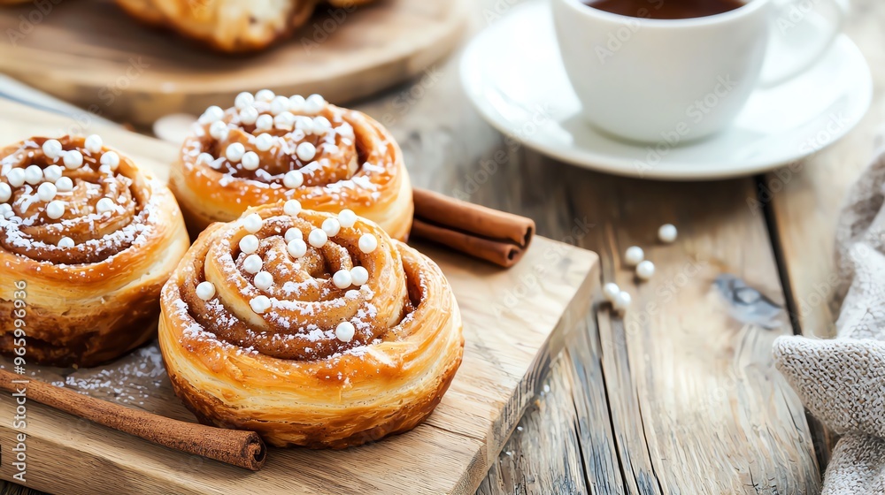 Swedish cinnamon buns with pearl sugar topping, cozy fika treat, Swedish tradition Swedish cinnamon buns with pearl sugar topping, cozy fika treat, Swedish tradition