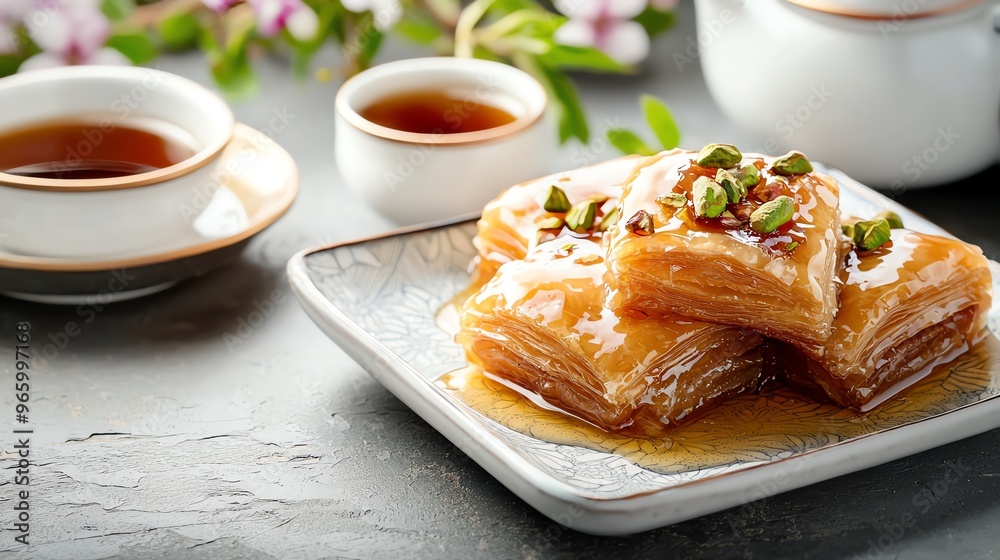 Turkish baklava with pistachios and honey syrup, sweet pastry, Middle Eastern influence Turkish baklava with pistachios and honey syrup, sweet pastry, Middle Eastern influence