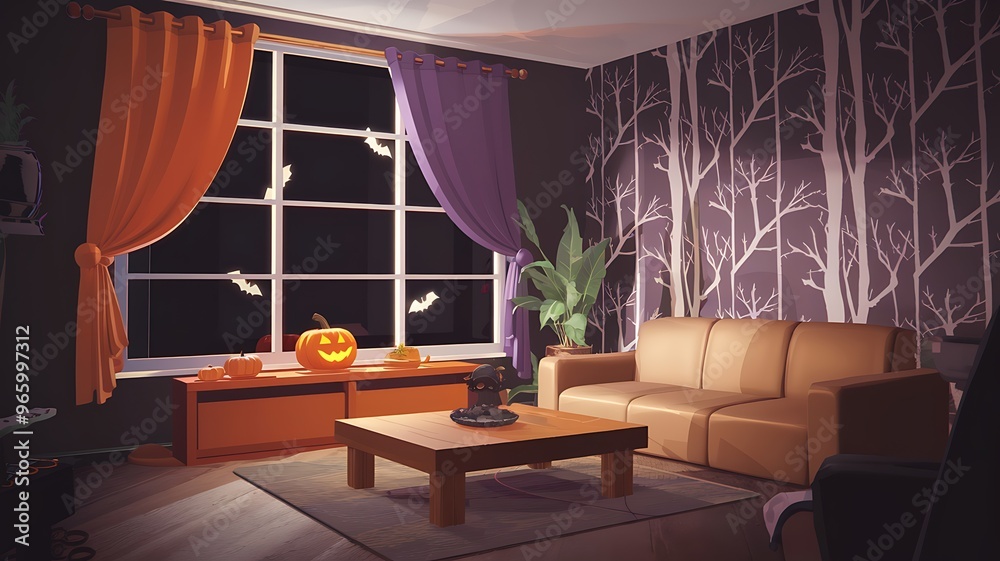 Obraz premium A cozy living room with orange and purple accents, perfect for a spooky Halloween night. 