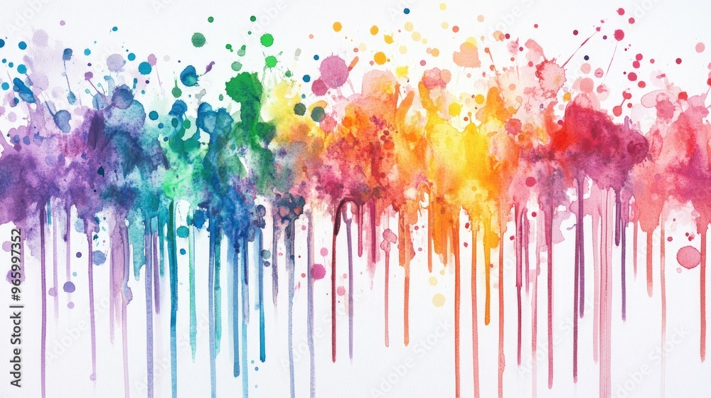 Fototapeta premium Colorful splatters of watercolor paint merging and dripping down, forming a vibrant, organic abstract pattern.