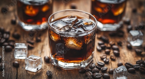 Refreshing cold beverage with ice cubes and coffee beans on a rustic wooden s...