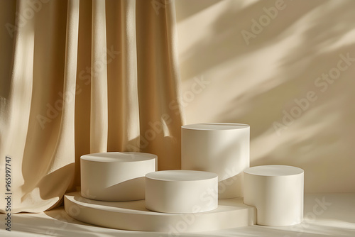 Minimalist product display with beige curtain, white podiums, and natural light.