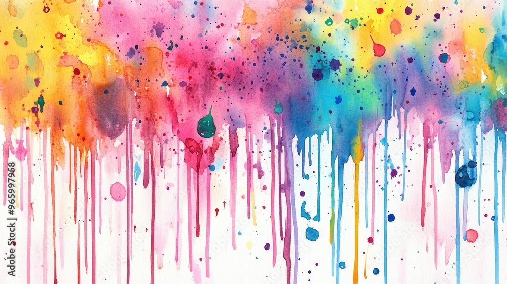 Fototapeta premium Colorful splatters of watercolor paint merging and dripping down, forming a vibrant, organic abstract pattern.