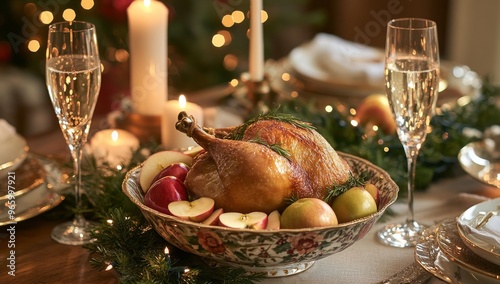 A festive table setting featuring a roasted turkey with fresh fruits during a...