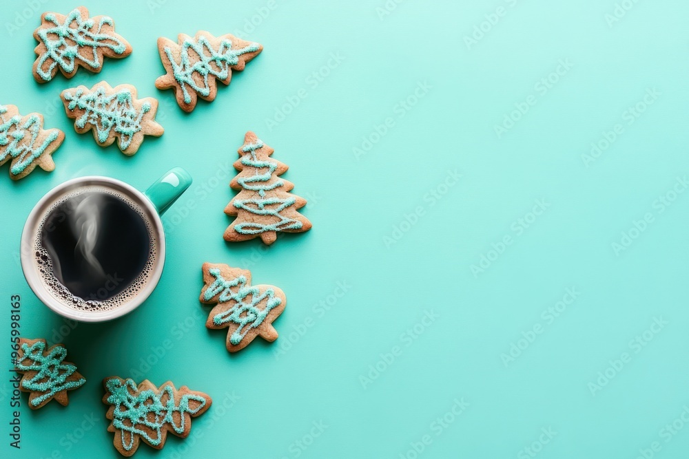 Fototapeta premium Coffee and Christmas Tree Cookies on a Mint Background