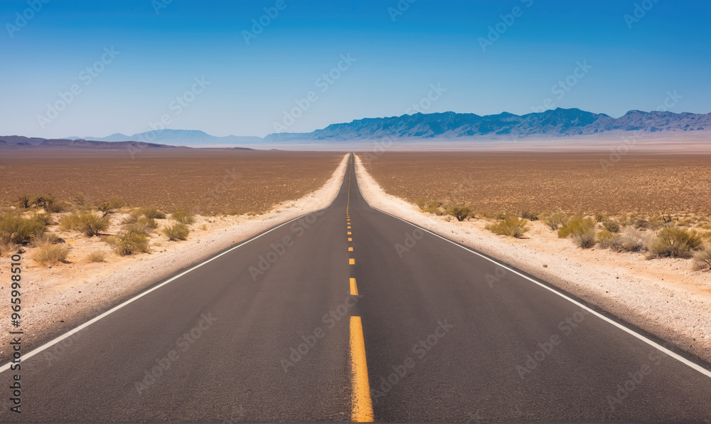 Naklejka premium A long, empty road stretches through the desert towards distant mountains