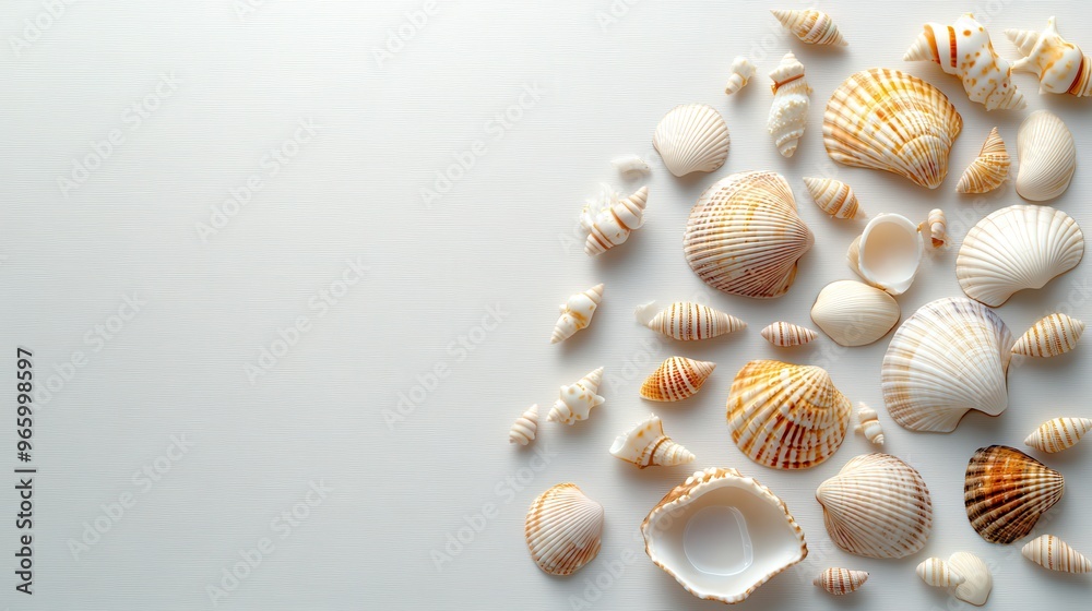 A beautiful collection of various seashells arranged on a light background, perfect for beach or nature-themed designs.