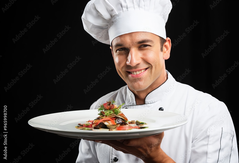 a chef holding a perfectly plated dish a proud smile on their fa a chef holding a perfectly plated dish a proud smile on their fa