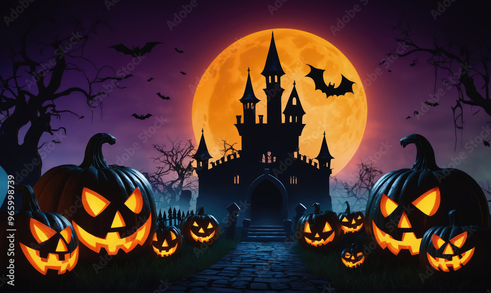 A spooky Halloween scene with a large, full moon behind a dark, foreboding castle. Jack-o-lanterns line the path leading to the castle's entrance A spooky Halloween scene with a large, full moon behind a dark, foreboding castle. Jack-o-lanterns line the path leading to the castle's entrance