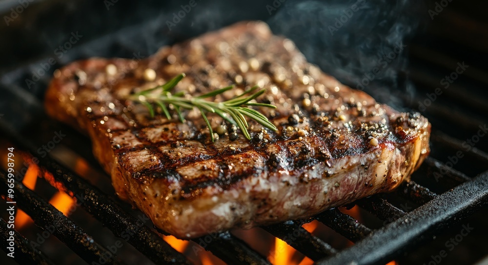 Grilled steak topped with fresh rosemary on a barbecue grill during a summer evening cookout Grilled steak topped with fresh rosemary on a barbecue grill during a summer evening cookout