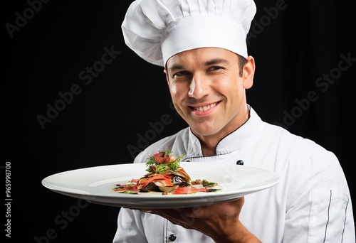 a chef holding a perfectly plated dish a proud smile on their fa