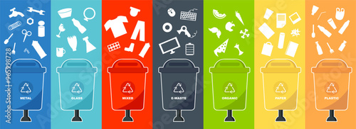 Recycle sorting container collection. Sorting garbage by material and type. Containers with separated garbage