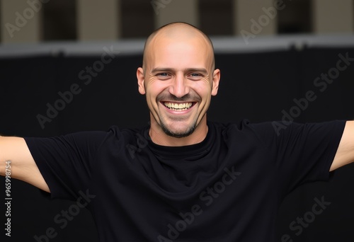 A man in his s with a shaved head and a goatee wearing a black t