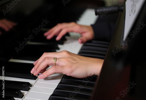 A musician eyes closed fingers dancing across piano keys photo