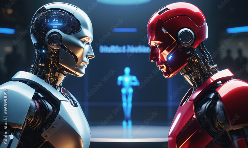Two robots face each other in a futuristic setting, a blue robot figure standing between them Two robots face each other in a futuristic setting, a blue robot figure standing between them