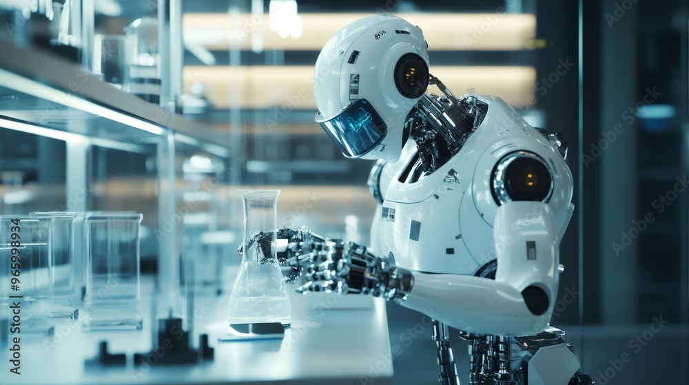 A futuristic robot in a laboratory setting carefully examines a beaker, showcasing its advanced technology and capabilities.