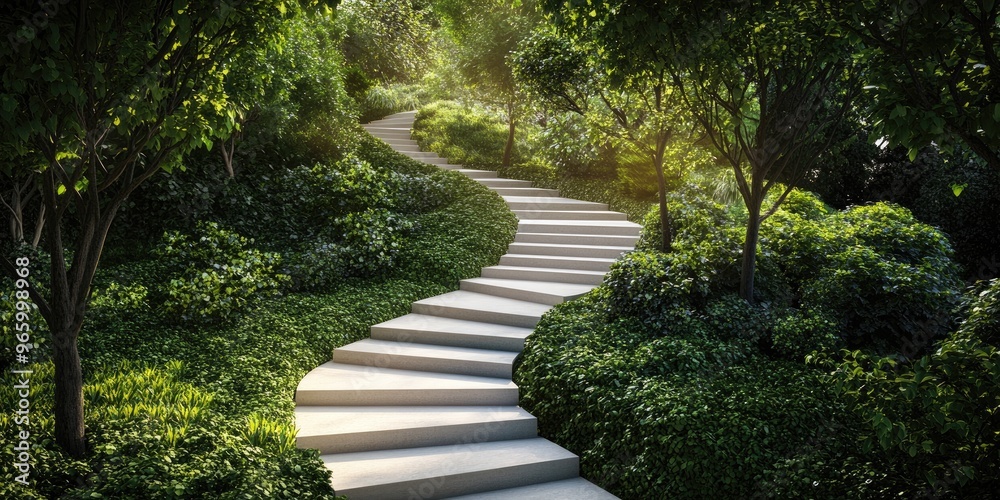 Winding Stone Steps Through Lush Greenery in a Tranquil Garden