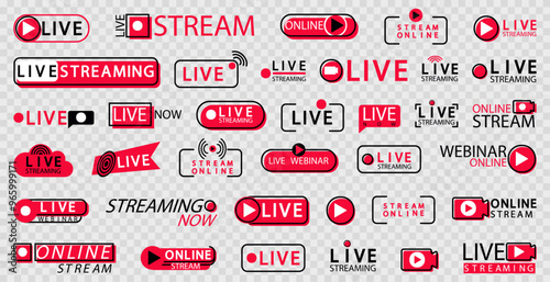 Red live streaming label. Set of live webinar icon label in a flat design