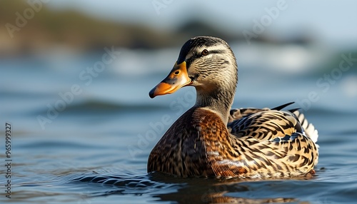 Female Common Eider gracefully navigating a serene coastal landscape photo