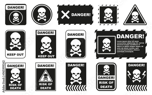 Danger signs with skull icon. Set of black danger signs. Hazard, warning sign collection