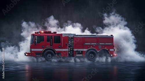 Bold Red Fire Truck in Action - Dramatic 3D Render with Swirling Smoke Against Dark Background