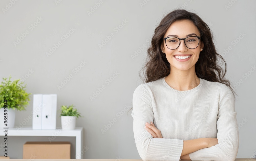Modern office scene with a smiling professional woman at her desk, symbolizing confidence, business leadership, and a forward-thinking workplace Modern office scene with a smiling professional woman at her desk, symbolizing confidence, business leadership, and a forward-thinking workplace
