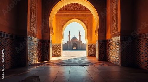 A view of a mosque through an ornate archway. The archway is made of intricately carved stone and leads to a courtyard. The mosque is in the distance and has a white dome and minaret. 