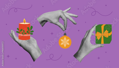 Collage christmas design with hands. Trendy pop art designs for winter holidays