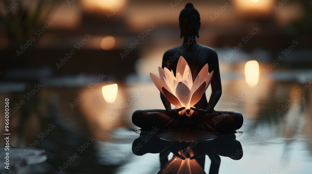 A statue of a woman holding a lotus flower is sitting in a pond