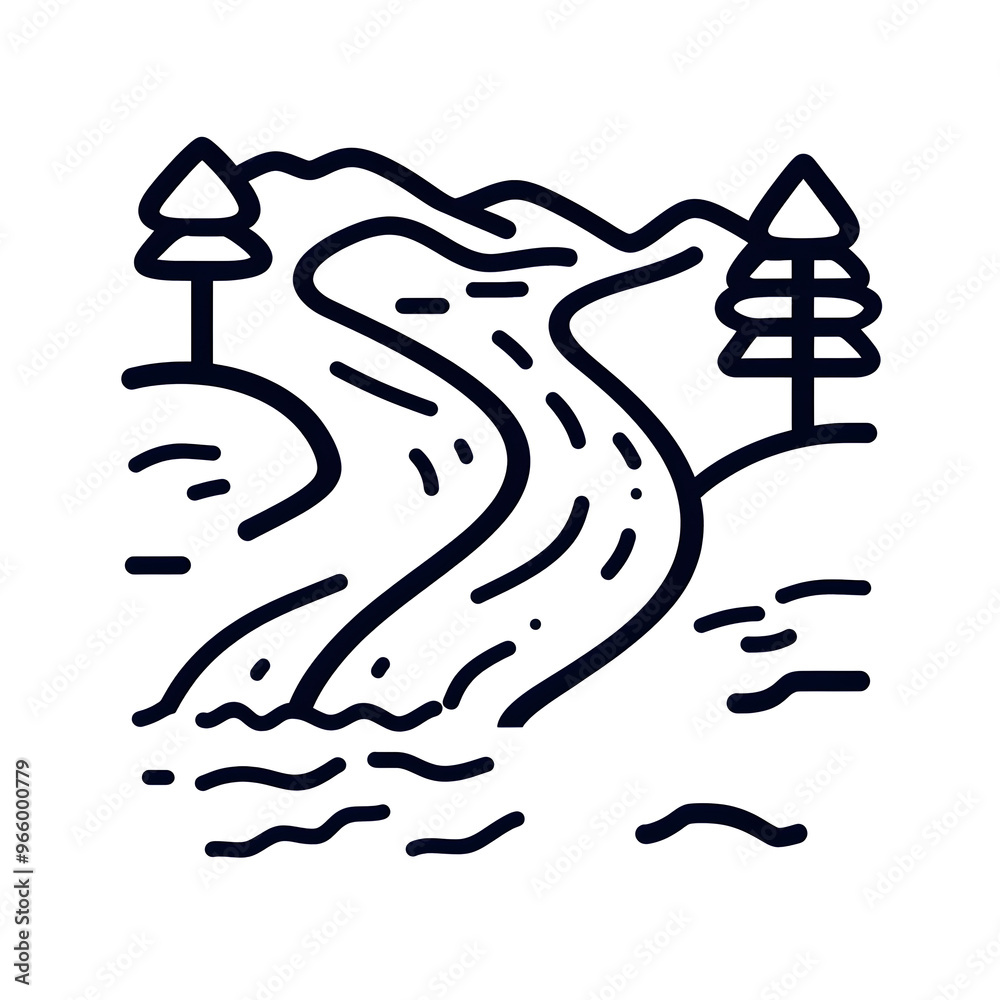 River curves with trees landscape black outline icon isolated on white icon River curves with trees landscape black outline icon isolated on white icon