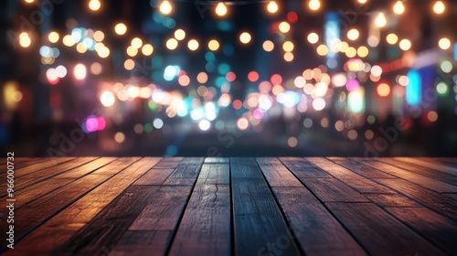 wooden floor with light from hanging light and crowd in the market background