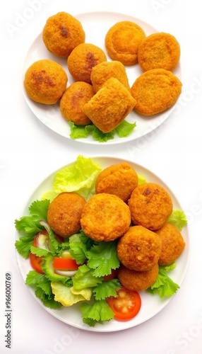 two plates of food on a white table with a salad and a fried meat ball.