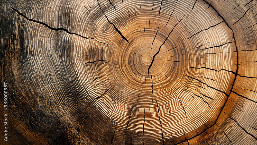 Fototapeta premium Close-up of tree rings, cross-section of wood with visible cracks and grain patterns, symbolizing the age-old beauty of nature's artistry.