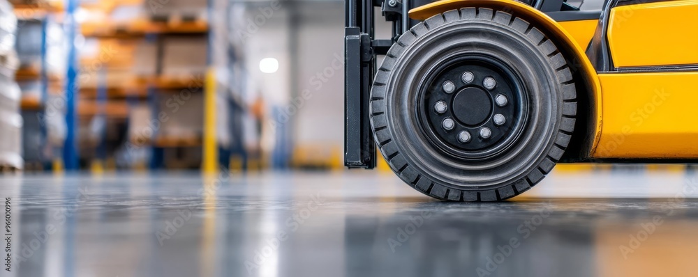 Detailed close-up of a forklift tire on a polished warehouse floor, emphasizing the tools of the trade Detailed close-up of a forklift tire on a polished warehouse floor, emphasizing the tools of the trade