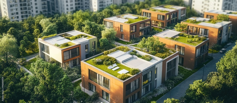 Obraz premium 3D rendering of a series of eco friendly houses positioned amidst an array of apartment buildings