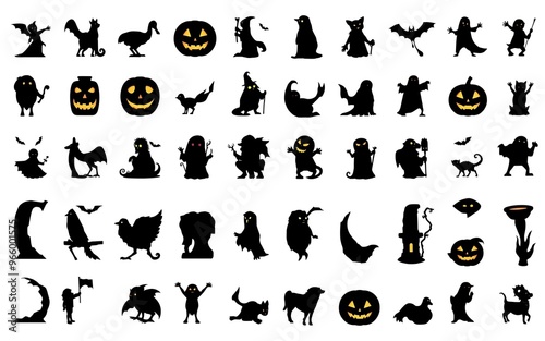 Black silhouettes of Halloween characters and objects, orange and yellow accents, festive spooky design for a fun Halloween celebration. 
 photo