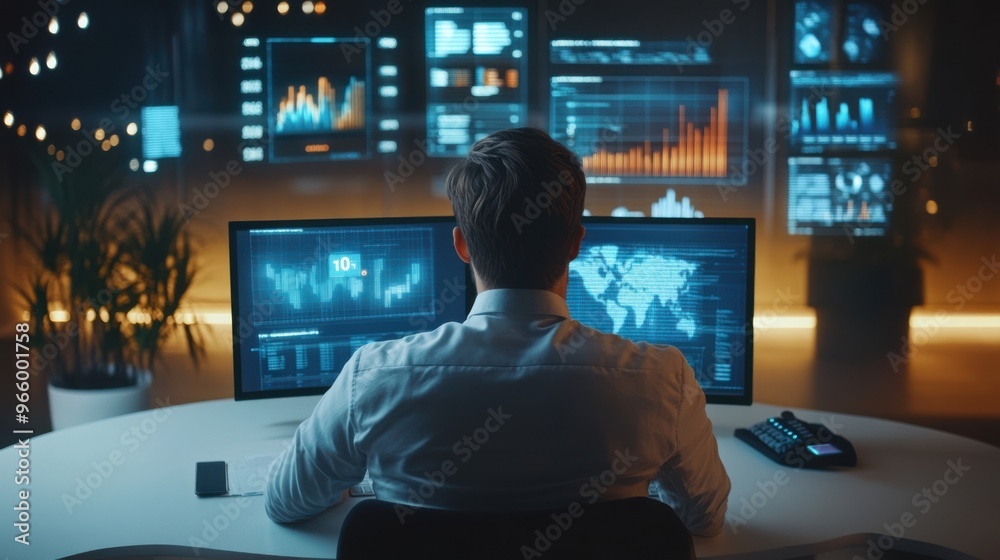 Investor analyzing ROI outcomes on a virtual screen, assessing Investor analyzing ROI outcomes on a virtual screen, assessing