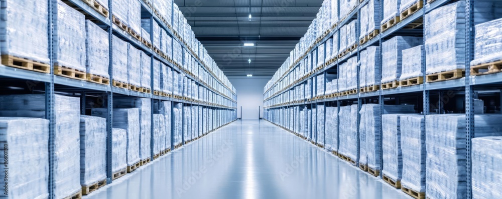 Inside a cold storage warehouse, with rows of frost-covered shelves, symbolizing frozen goods and perishable logistics