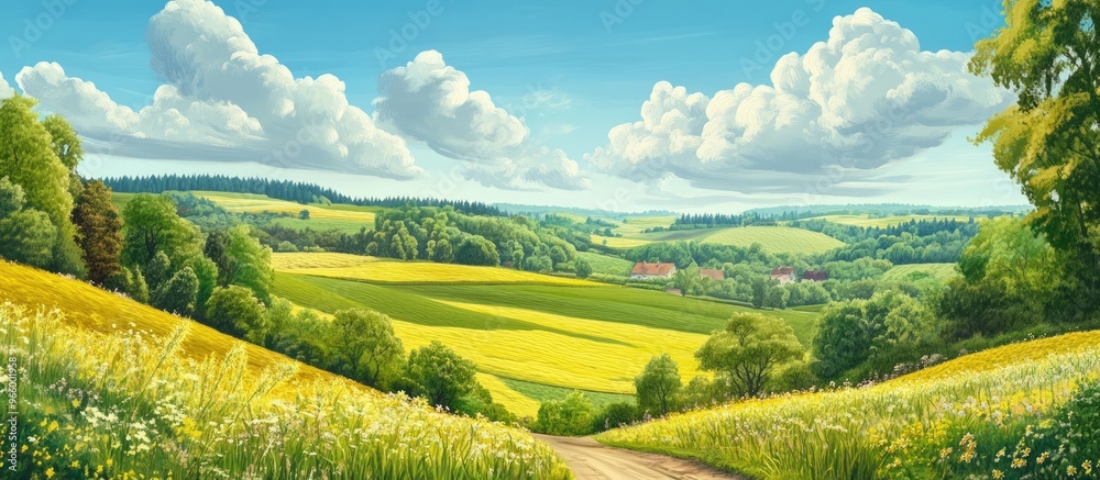 Fototapeta premium Sunny spring landscape featuring vibrant countryside and lush summer fields