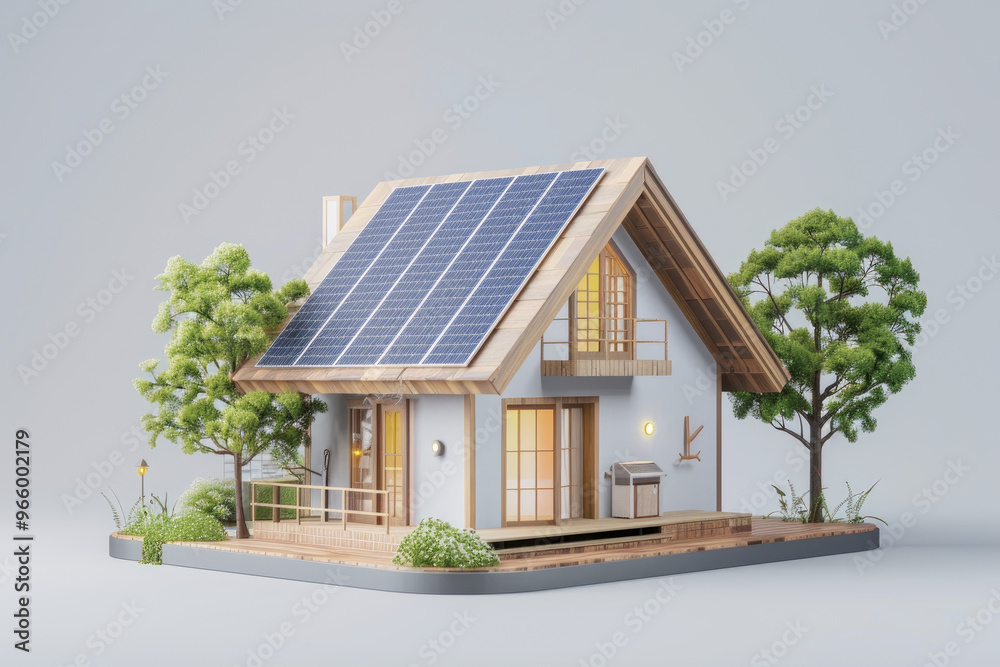 Small house model with solar panels on the roof Small house model with solar panels on the roof
